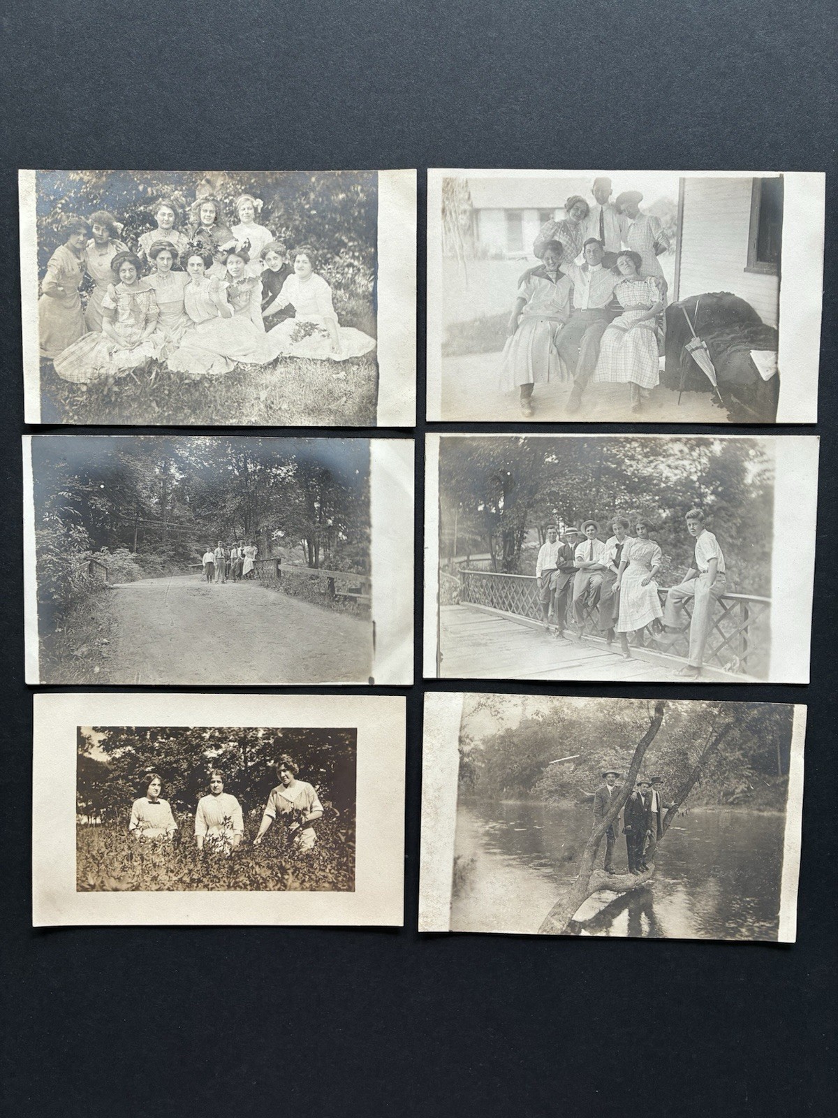 Lot of 6 Antique RPPC Real Photo Post Cards, Edwardian Men, Women, River, Bridge
