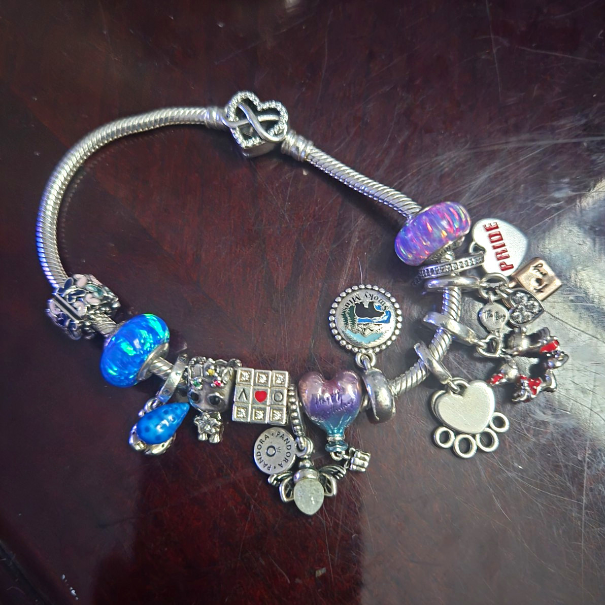 Pandora Signed Silver Snake Chain Charm Bracelet Barrel Closure