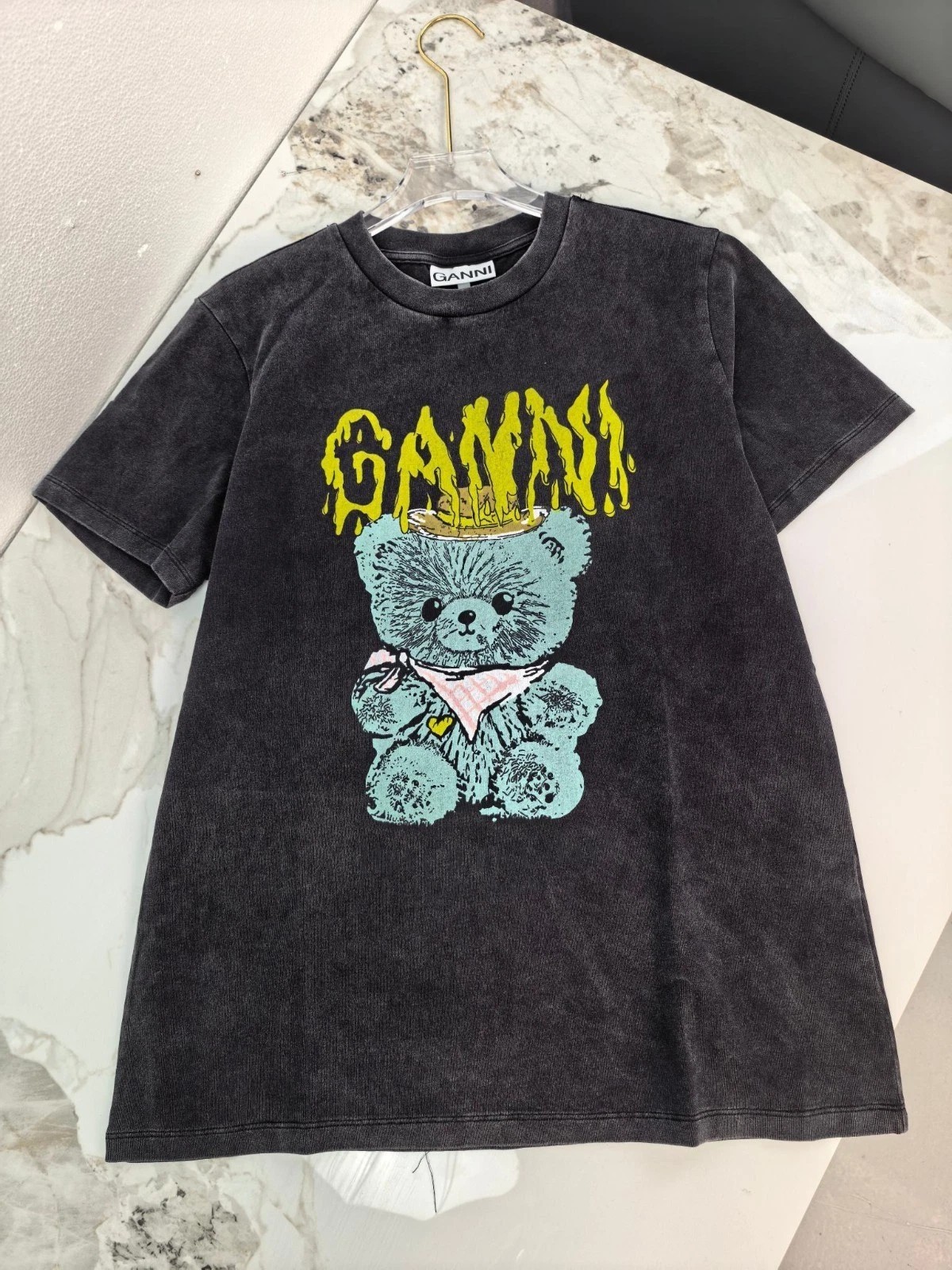 Ganni Women\'s Gray bear Graphic Short Sleeve Crewneck T-Shirt