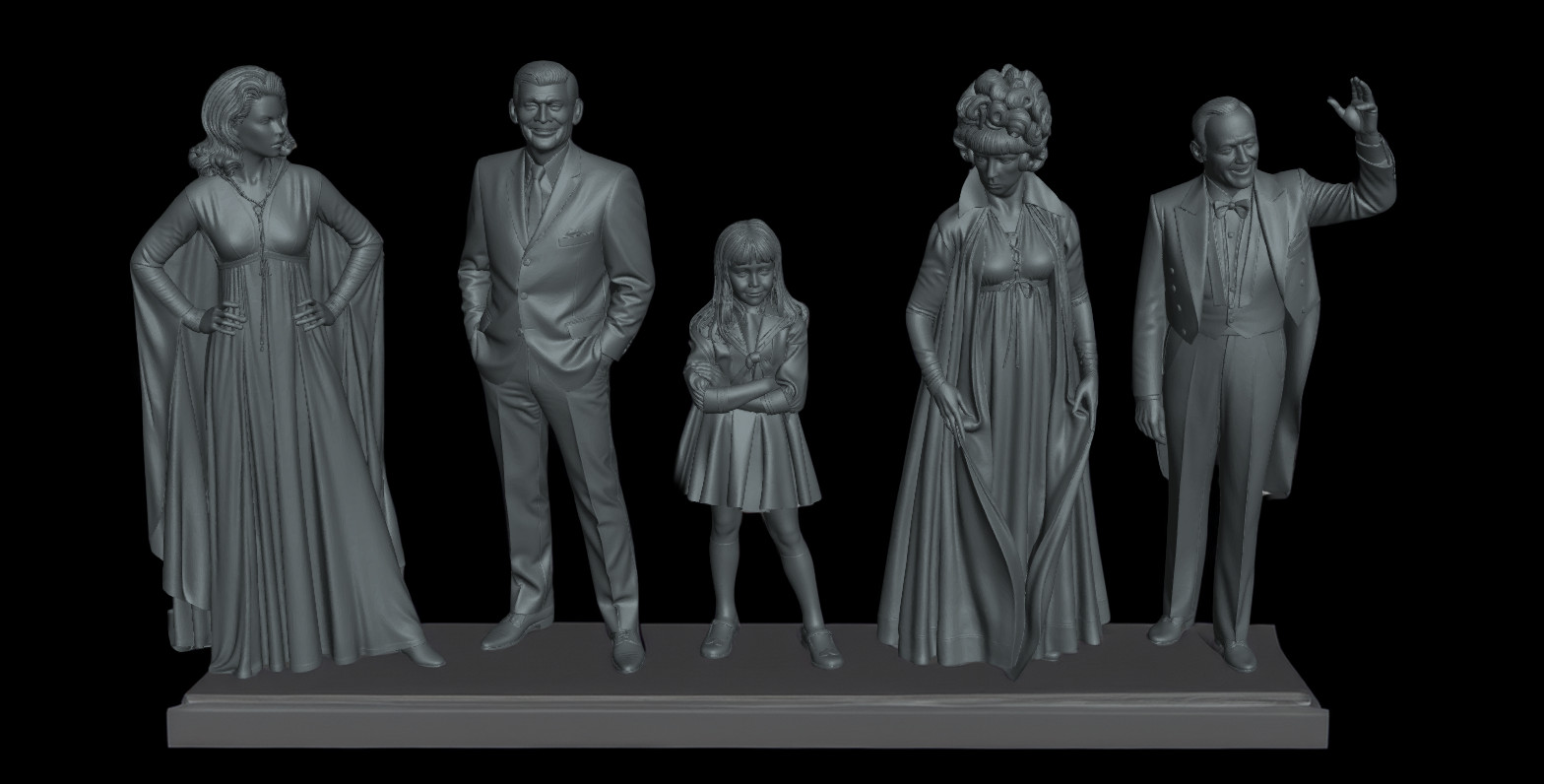 Bewitched family: Sam, Darrin, Andora, Tabitha, Maurice + Sam in cartoon style.