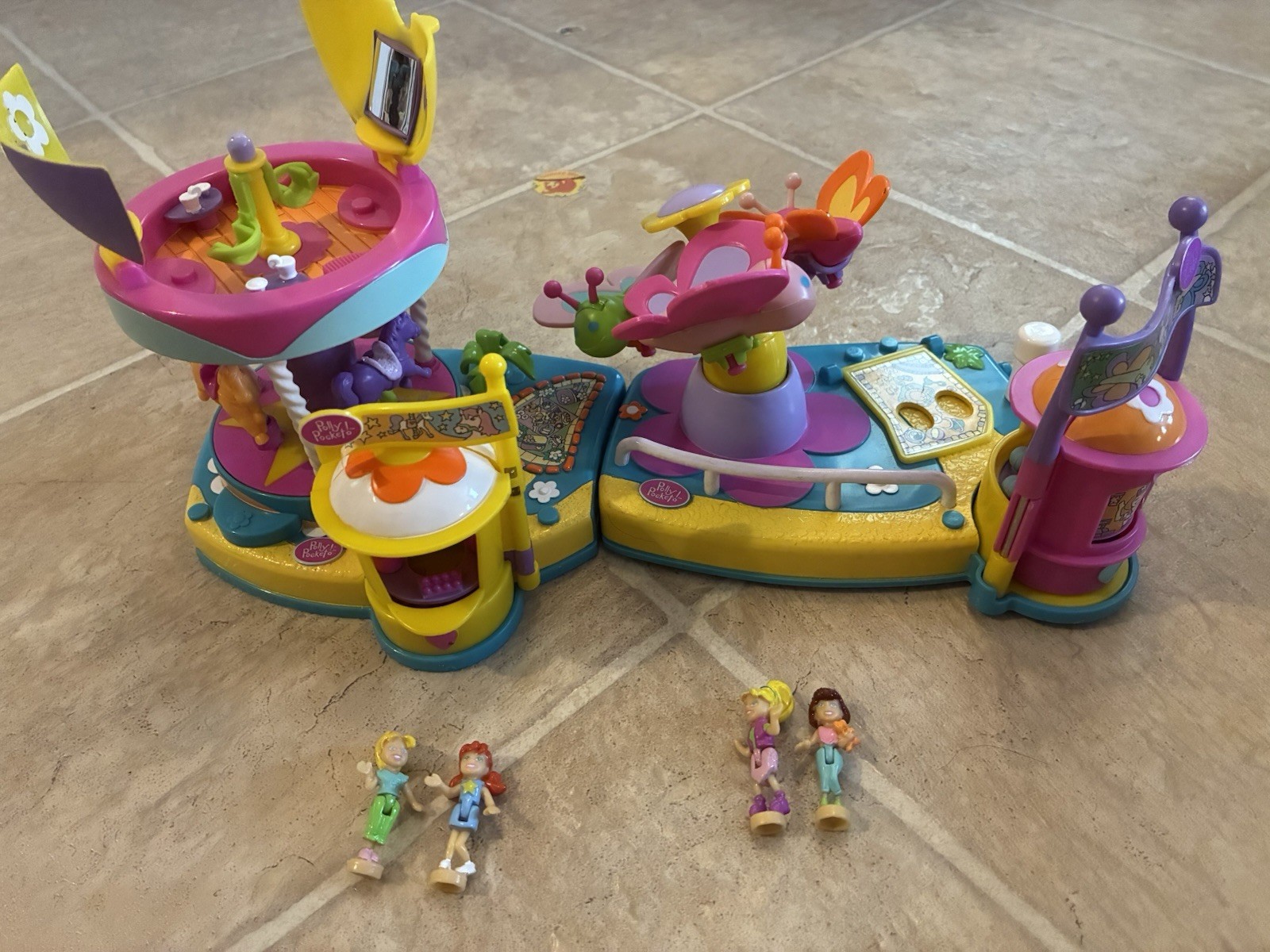 2002 Vintage Polly Pocket 2 Set Combo Butterfly Ride & Carousel With Figures