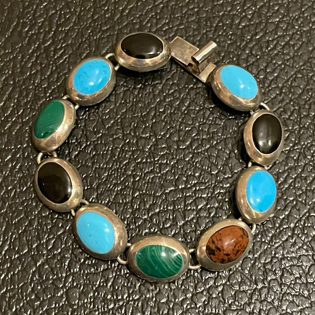 Vintage Mexican Sterling Silver 925 Multi Stone Bracelet Taxco Turquoise Onyx