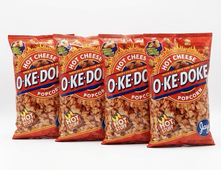 4 Oke Doke Hot Cheese Popcorn 7.5oz Bags NEW 4 Oke Doke Hot Cheese Popcorn 7.5oz Bags NEW