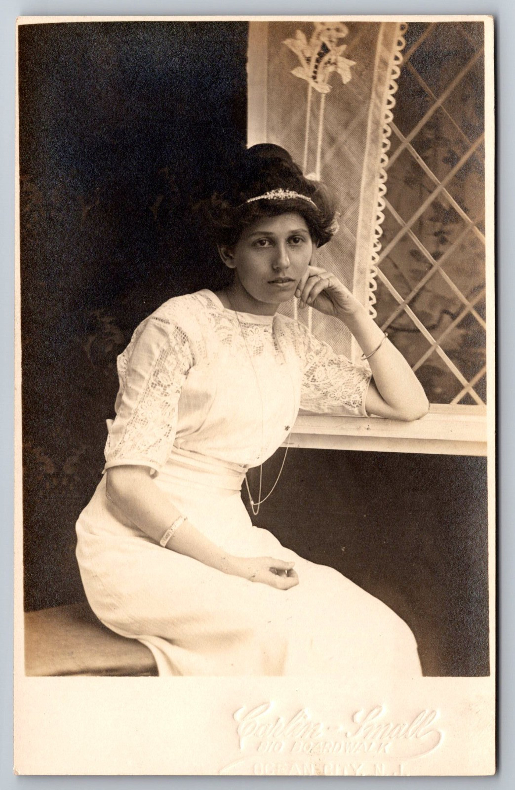 Carlin Studios Rppc Bride Posing at Window Real photo postcard c1900's Antique