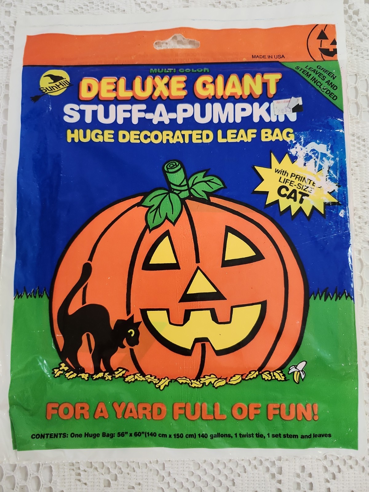 Vintage Halloween Sun Hill 1992 Deluxe Giant Stuff-A-Pumpkin Leaf Bag Sealed