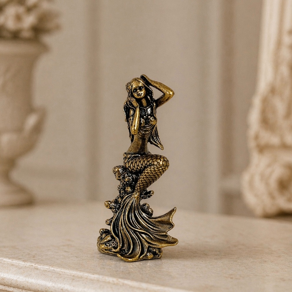 Metal Mermaid Figurine Vintage Brass Statue Coastal Decor Ocean Sea Figure 2.5''