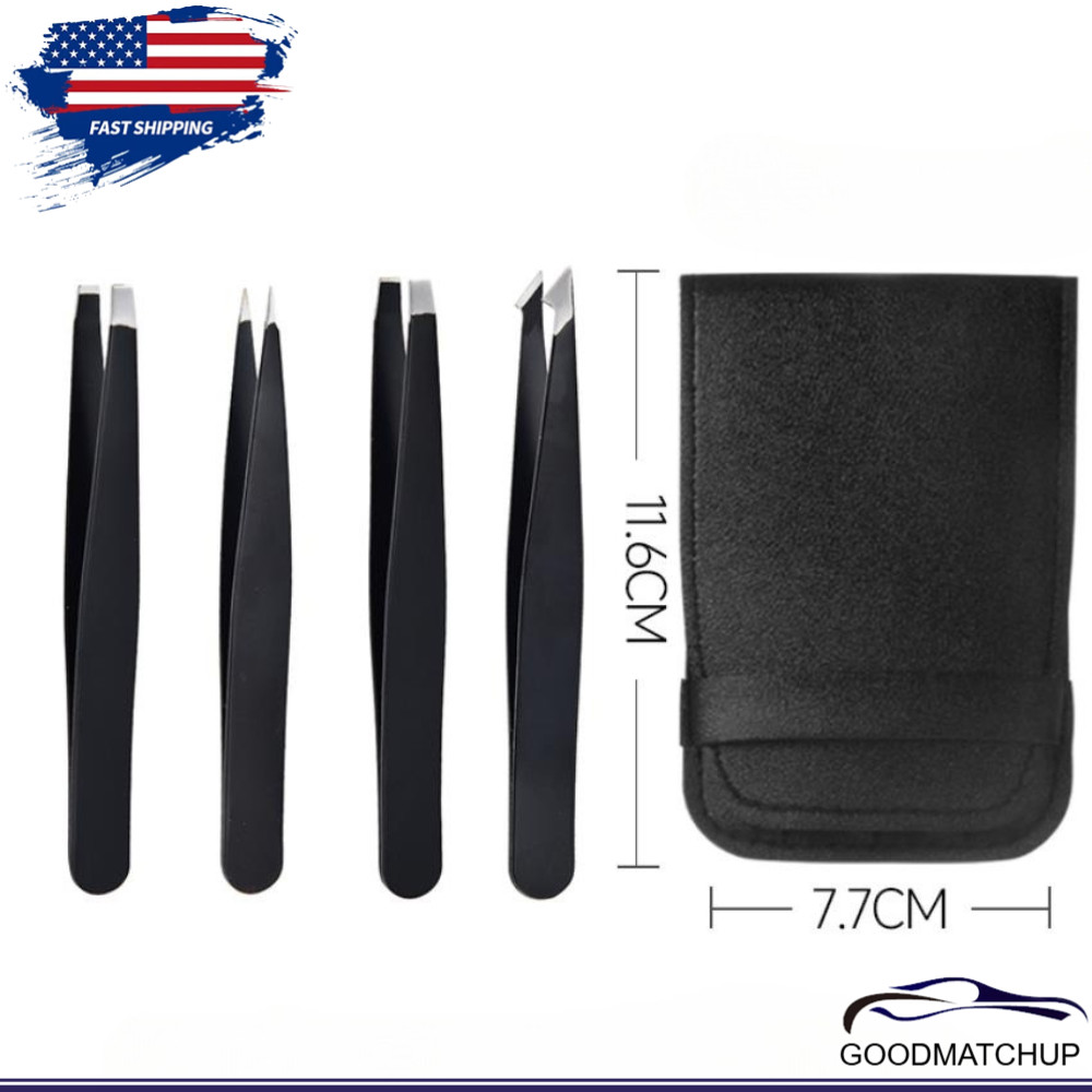 US Tweezers Set 4PCS Professional Black Plucker Stainless Steel With Case