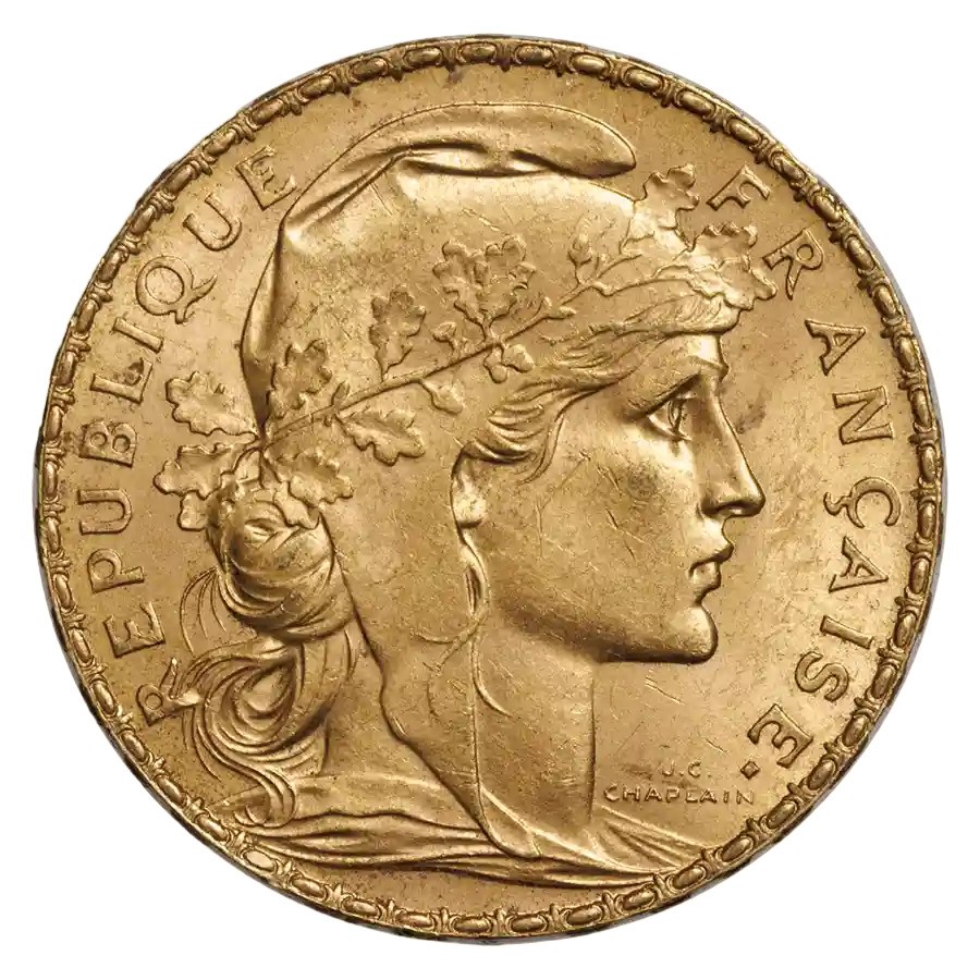 French Gold $20 Francs Rooster Coin Avg Circ (Random Year)