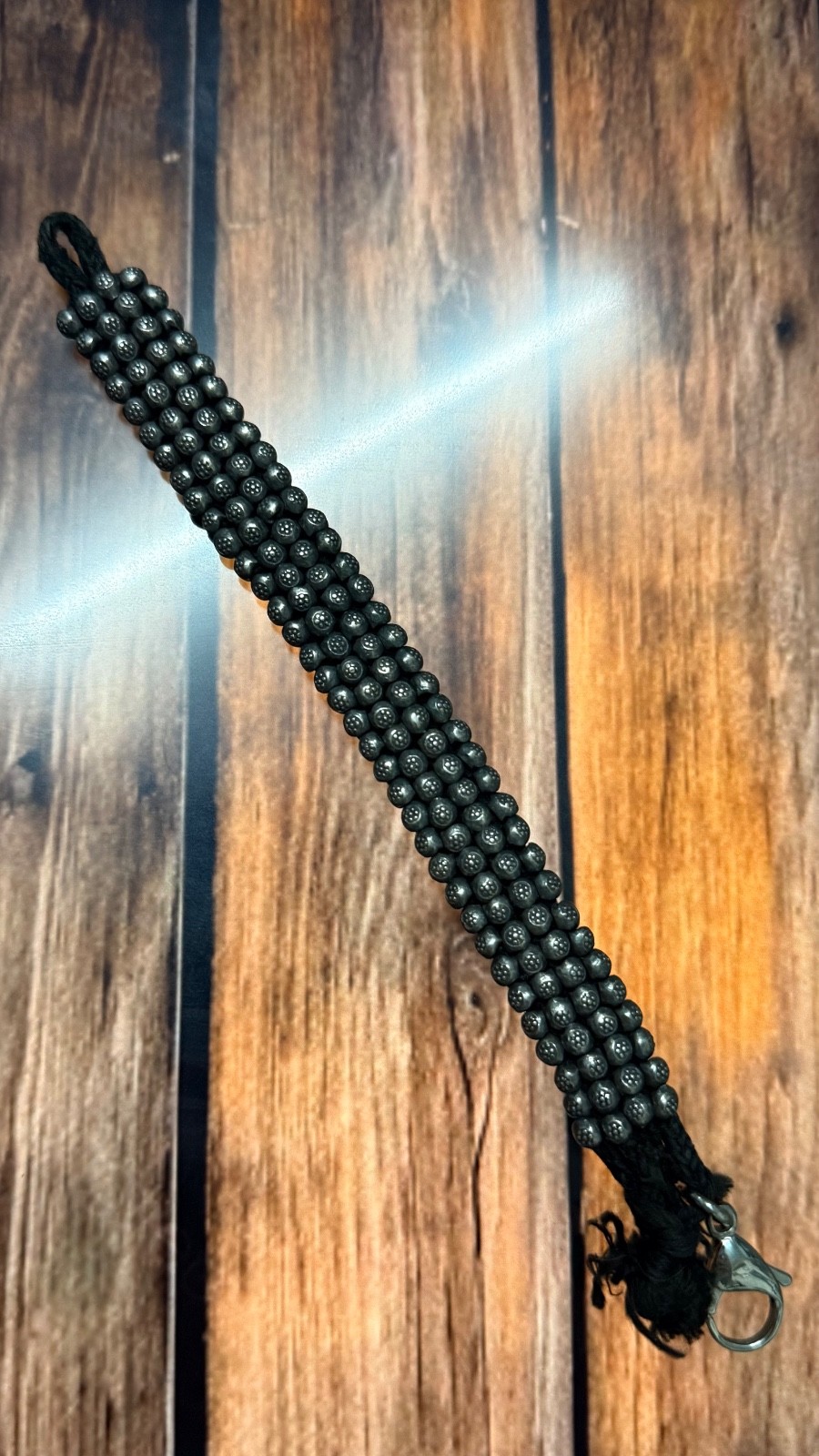 Handmade Silver Bead 4-Row Floral  Bracelet Black Cord Lobster Clasp 18 cm