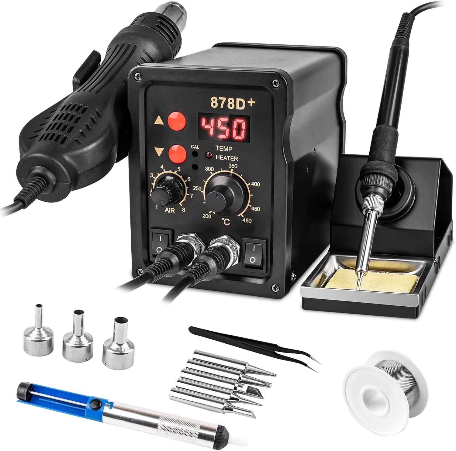 2-in-1Hot Air Rework Soldering Station Kit Dual Independent Control Fast Heat Up