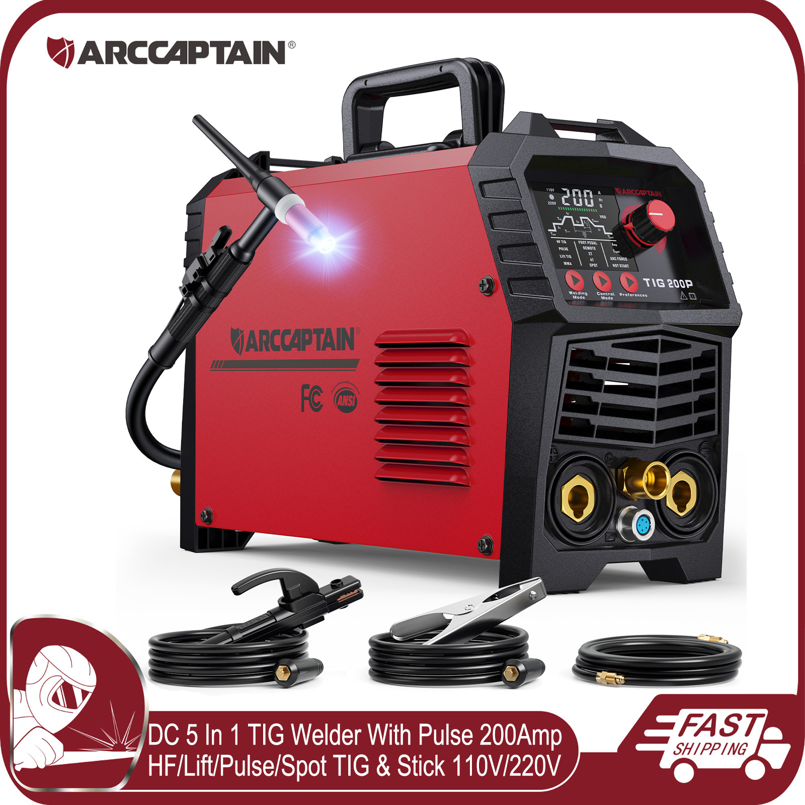 ARCCAPTAIN 5 In 1 TIG Welder with Pulse 200A DC 110V/220V Dual Voltage LED 2T/4T