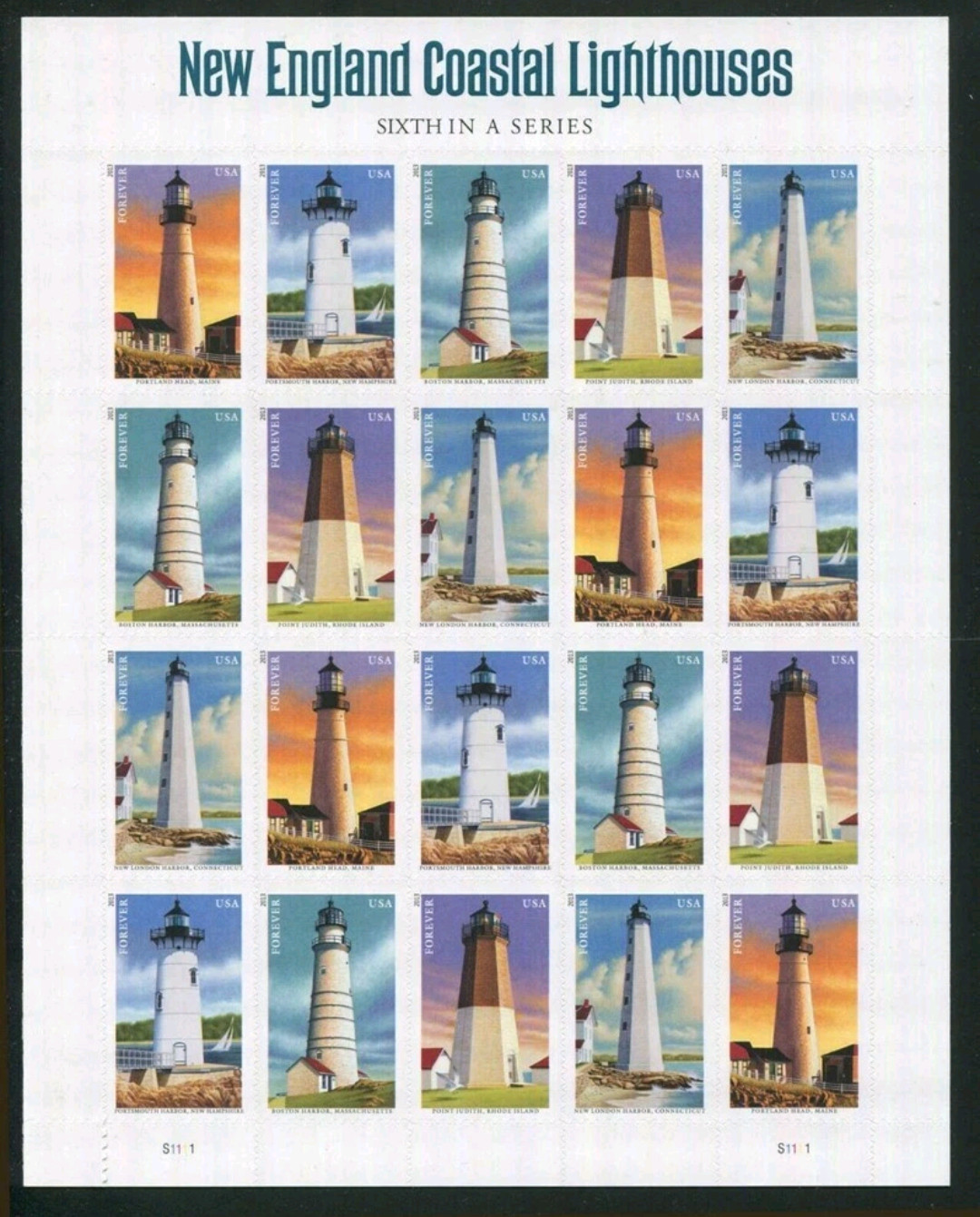 USPS 2013 New England Coastal Lighthouses Forever Stamps Sheet of 20