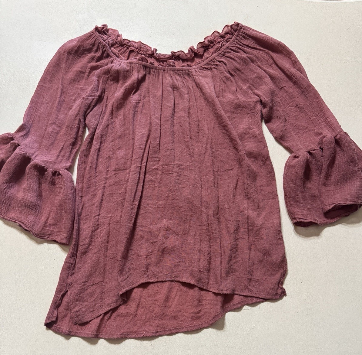 Forgotten Grace Women’s L Pink Boho Peasant Blouse Off Shoulder Bell 3/4 Ruffle