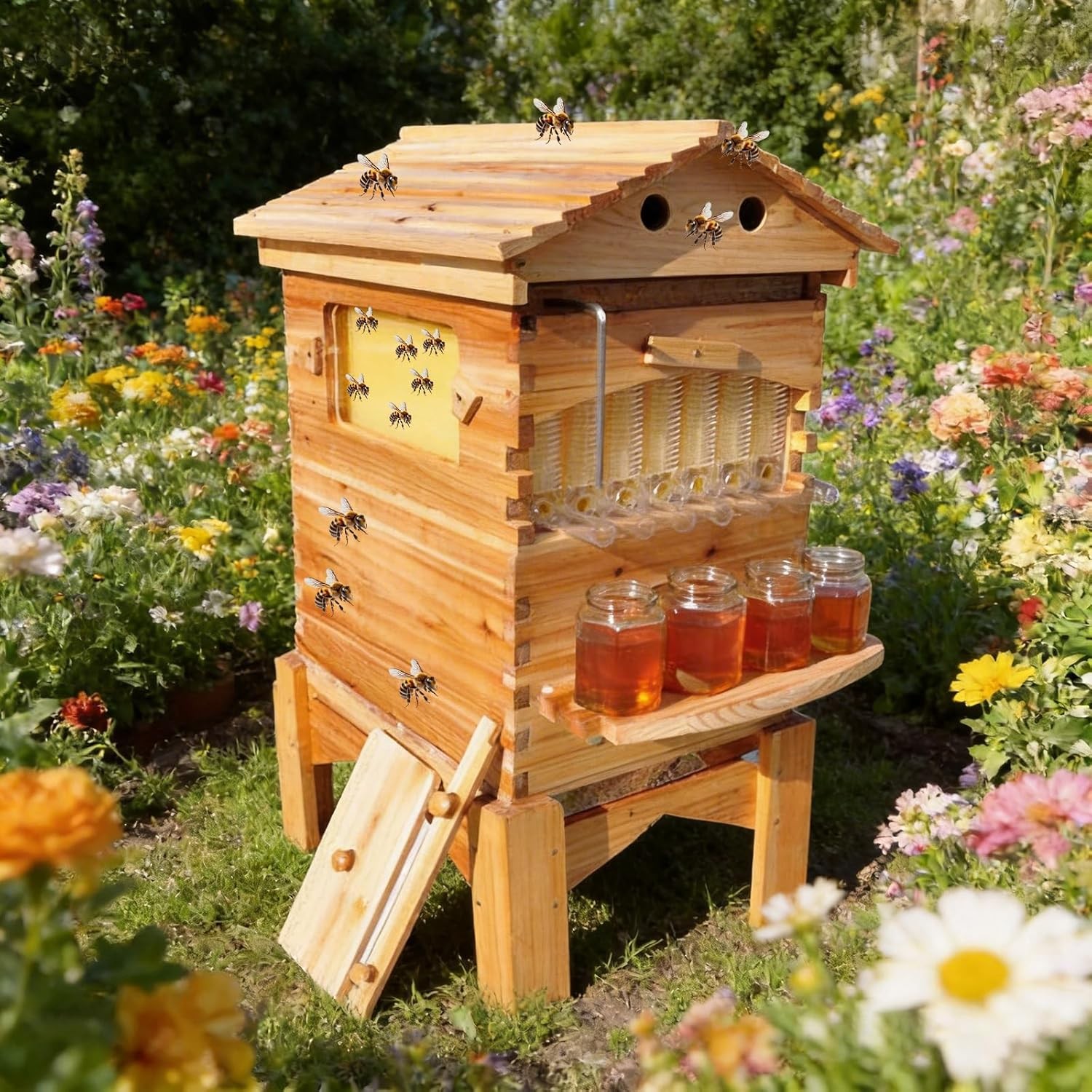 Wooden Automatic Beehive Kit with 7pcs Auto Beekeeping Frames + Hive Stand