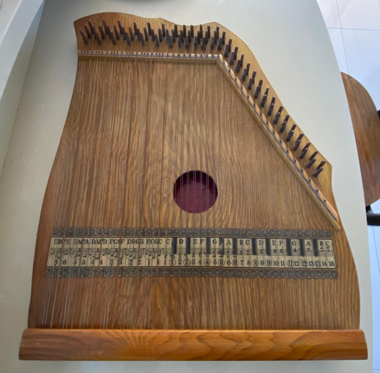 Antique German Chord Zither with Original Case, Tuning Key & Vintage Sheet Music