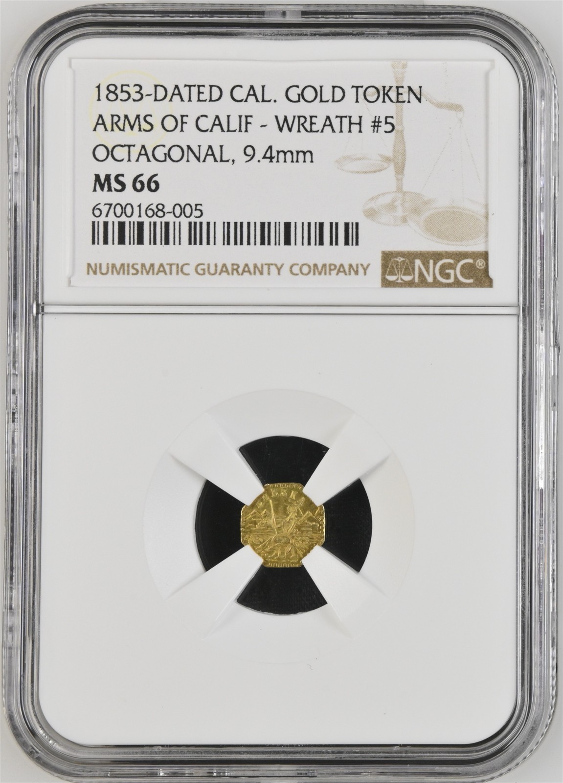 1853 California Fractional Gold, Arms of Calif - #5 / NGC MS66 GEM BU / HR6
