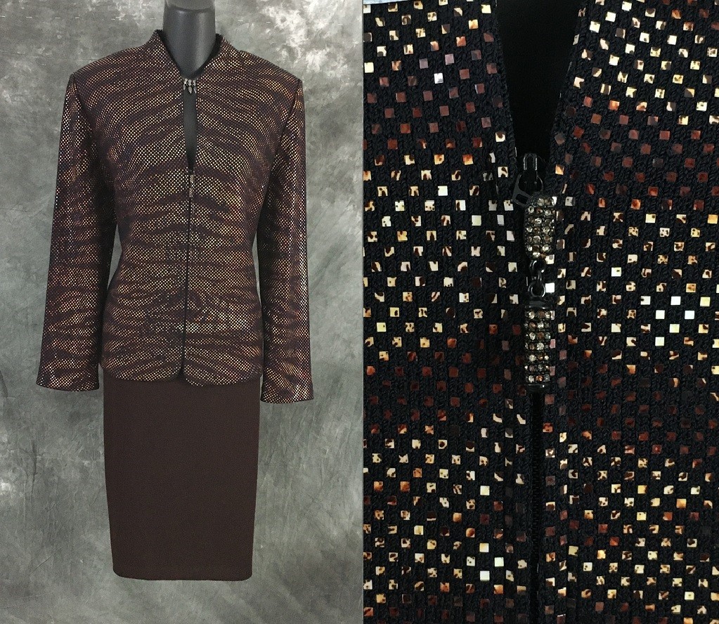BEAUTIFUL St John evening knit brown multi embellished skirt suit size 12