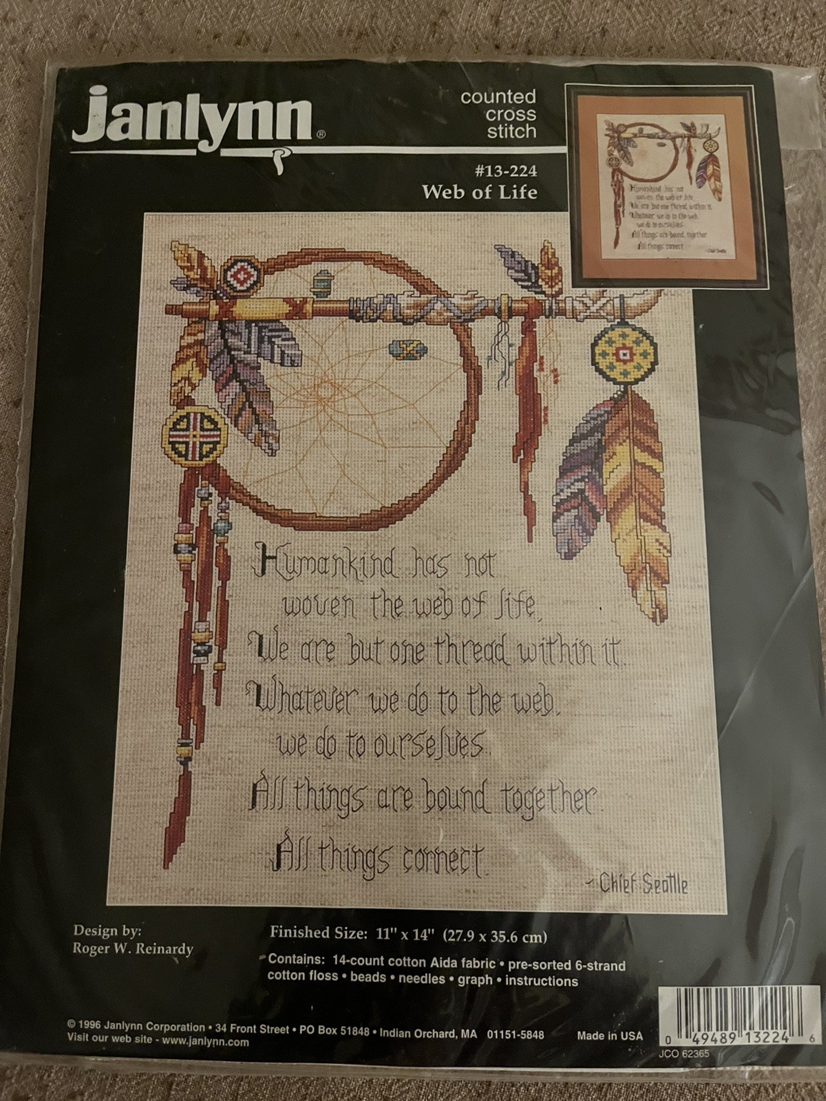 NOS Janlynn Web of Life Indian Feathers Poem counted cross stitch 1996 NOS Janlynn Web of Life Indian Feathers Poem counted cross stitch 1996