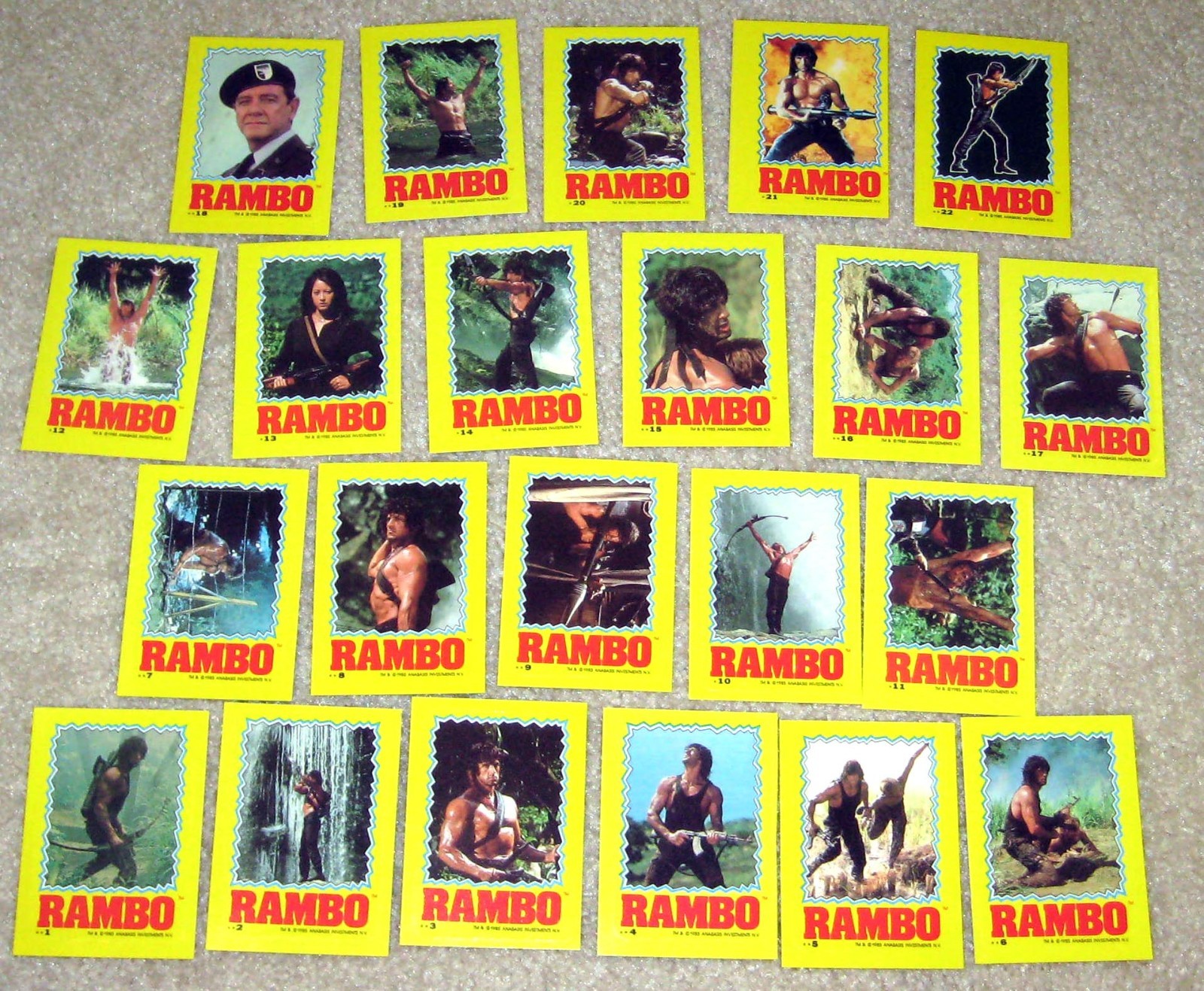 RAMBO First Blood II 1985 Topps Complete 22 Sticker Card Set Sylvester Stallone RAMBO First Blood II 1985 Topps Complete 22 Sticker Card Set Sylvester Stallone