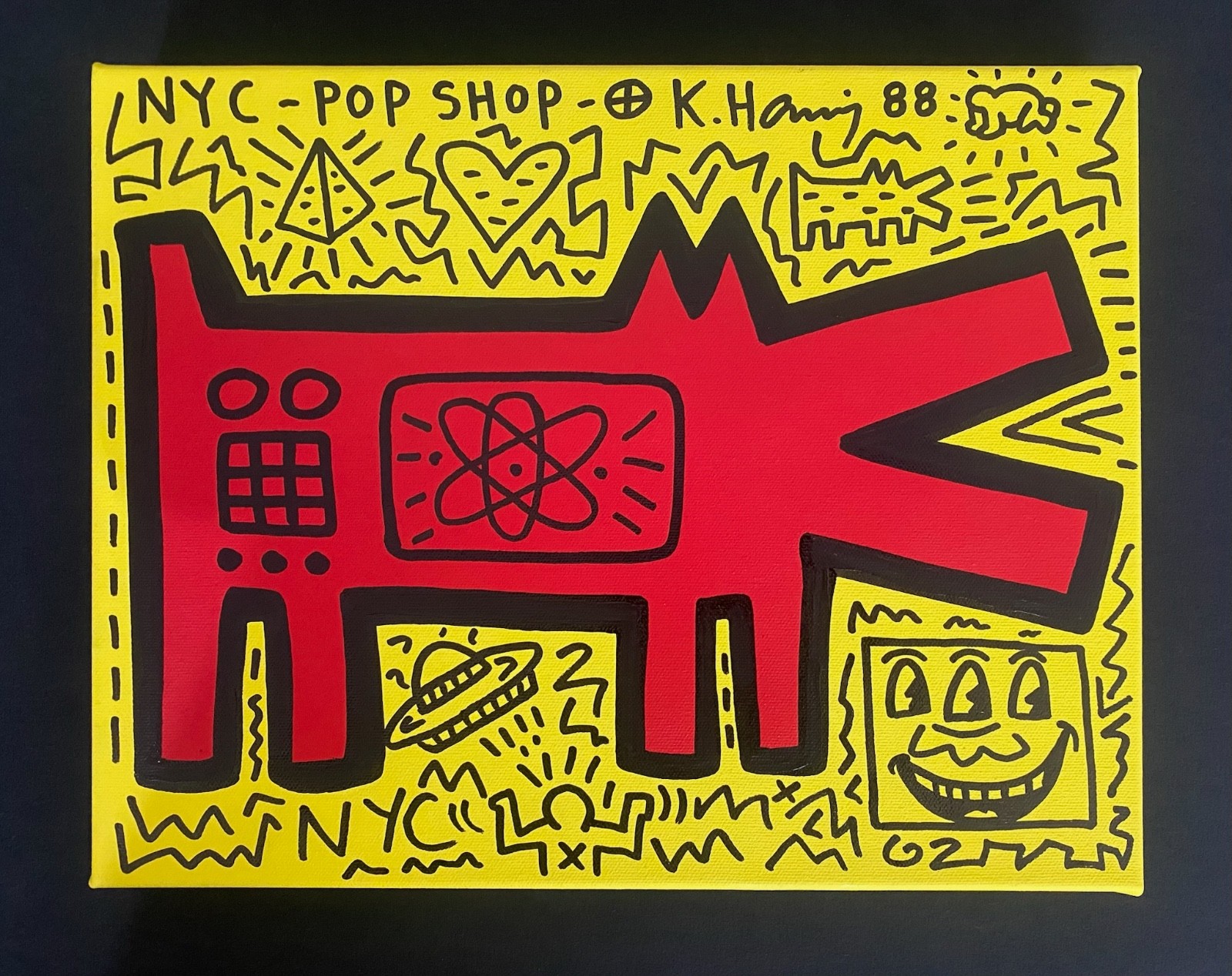 Keith Haring Painting  on Vintage Unique Canvas SIGNED NYC POP SHOP