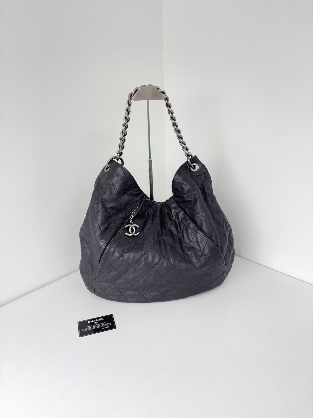Chanel Hobo Large Black Leather Silver HW Shoulder Bag Preowned Authentic Chanel Hobo Large Black Leather Silver HW Shoulder Bag Preowned Authentic