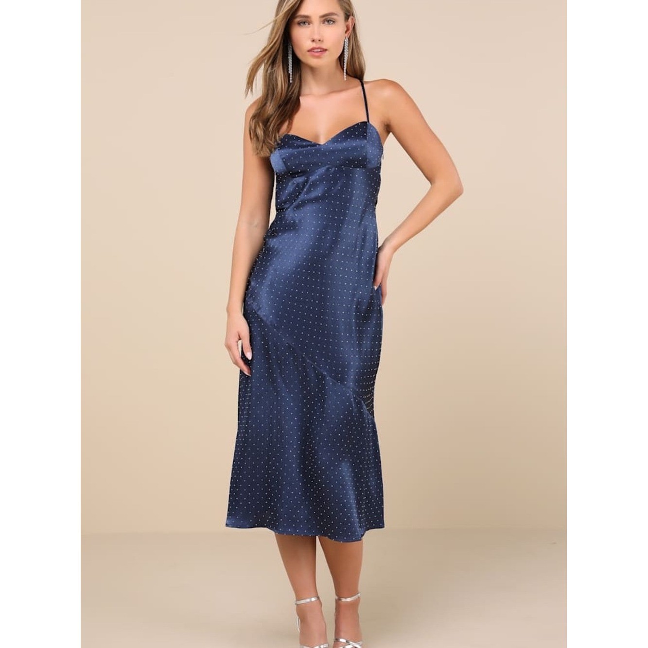 #92- NWT Lulu\'s Certainly Flawless Navy Satin Rhinestone Cowl Back Midi Dress
