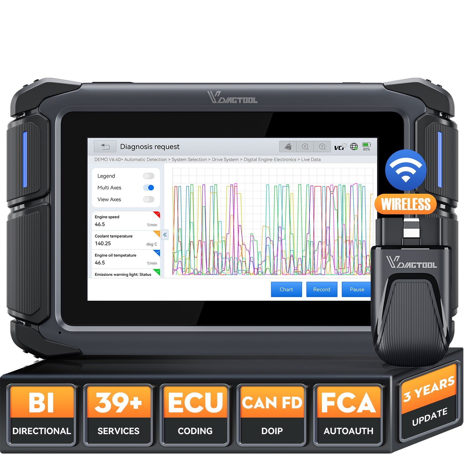 Used VDIAGTOOL VD70S Auto Diagnostic Tool OBD2 Scanner 39+ Resets ECU Coding FCA