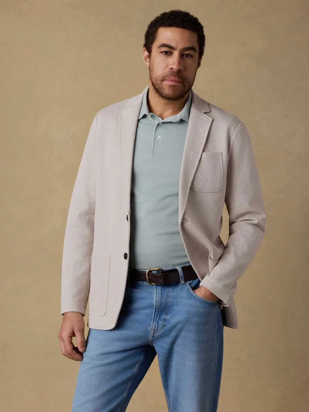 Faherty Inlet Knit Tweed Blazer - Khaki Stone Herringbone - Men\'s Medium