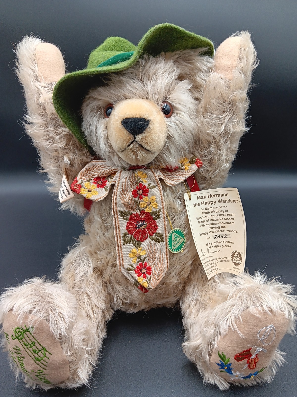 MAX HERMANN BEAR The Happy Wanderer Musical Mohair Jointed 100th BDay Germany MAX HERMANN BEAR The Happy Wanderer Musical Mohair Jointed 100th BDay Germany