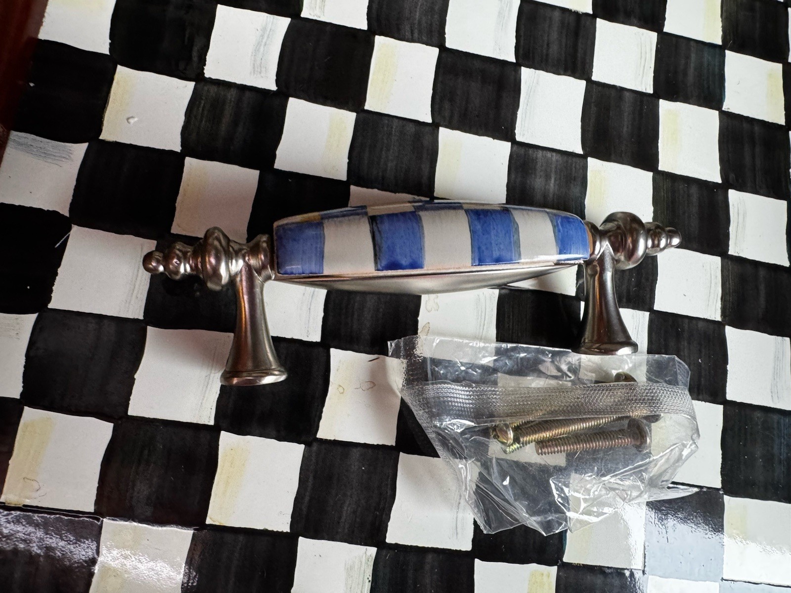 Mackenzie Childs One Royal Check Blue , white Nickel Drawer pull 5.25\ Mackenzie Childs One Royal Check Blue , white Nickel Drawer pull 5.25\