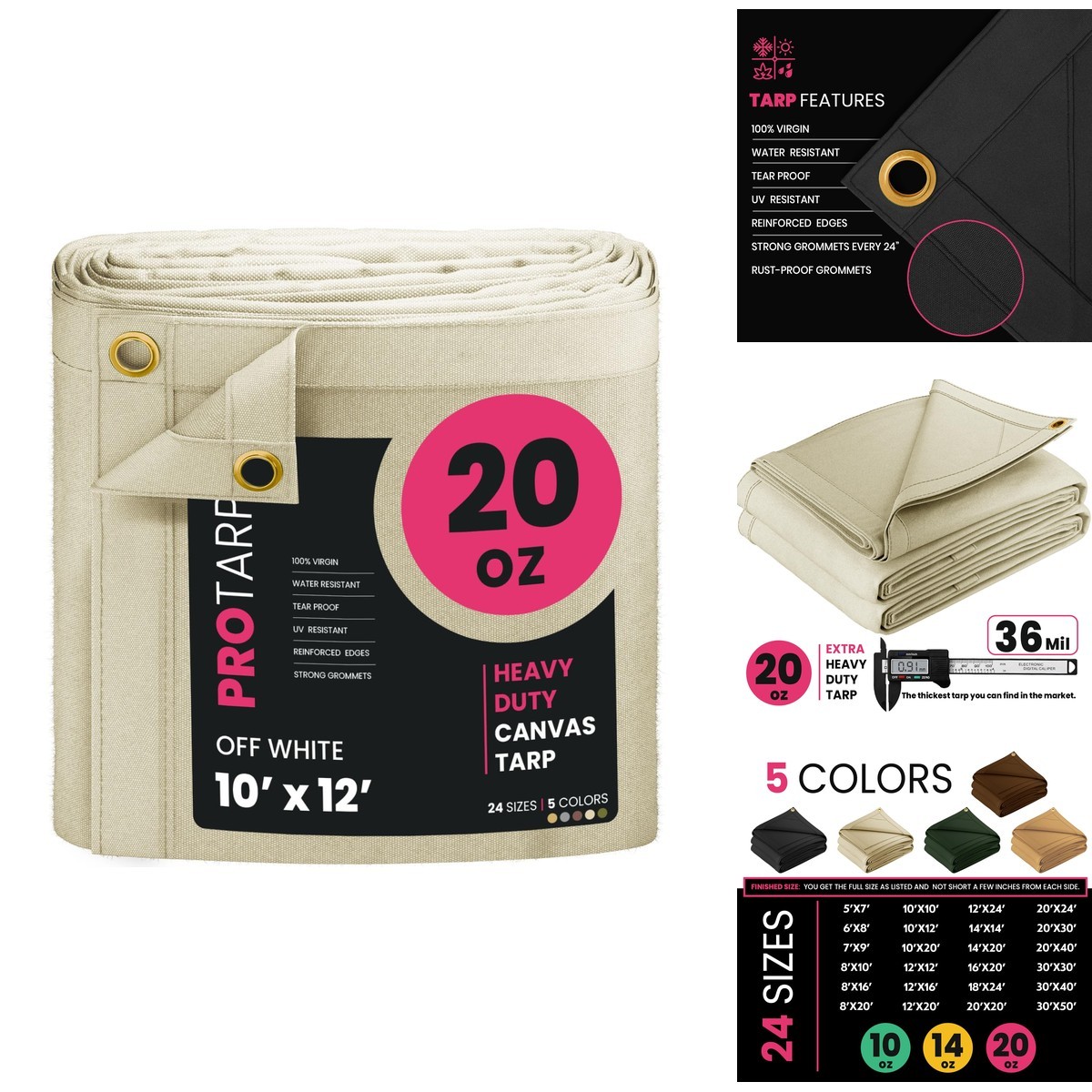 PROTARP Extreme Heavy Duty 20 OZ Canvas Tarp Off White 10'X12'