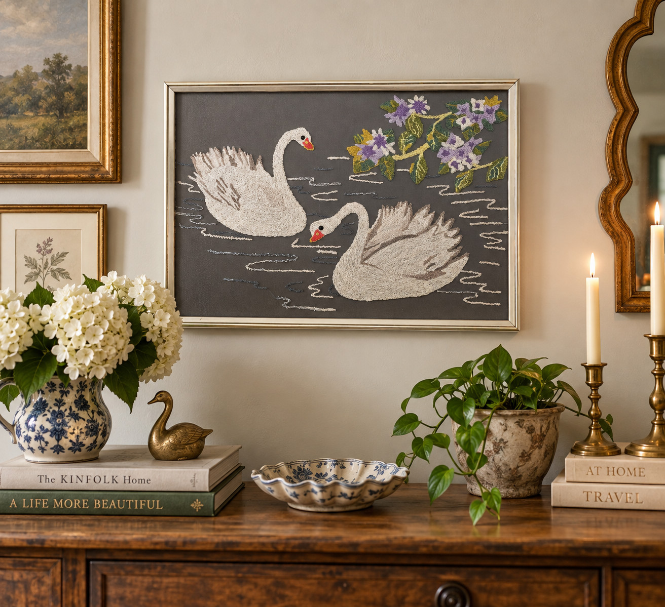 Vintage 1970s 80s Swan Crewel Embroidery Framed Yarn Textile Art 20x15 Cottageco