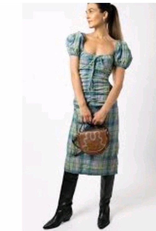 NEW Ganni plaid seersucker midi rucked puff sleeve peasant dress L(40) NEW Ganni plaid seersucker midi rucked puff sleeve peasant dress L(40)