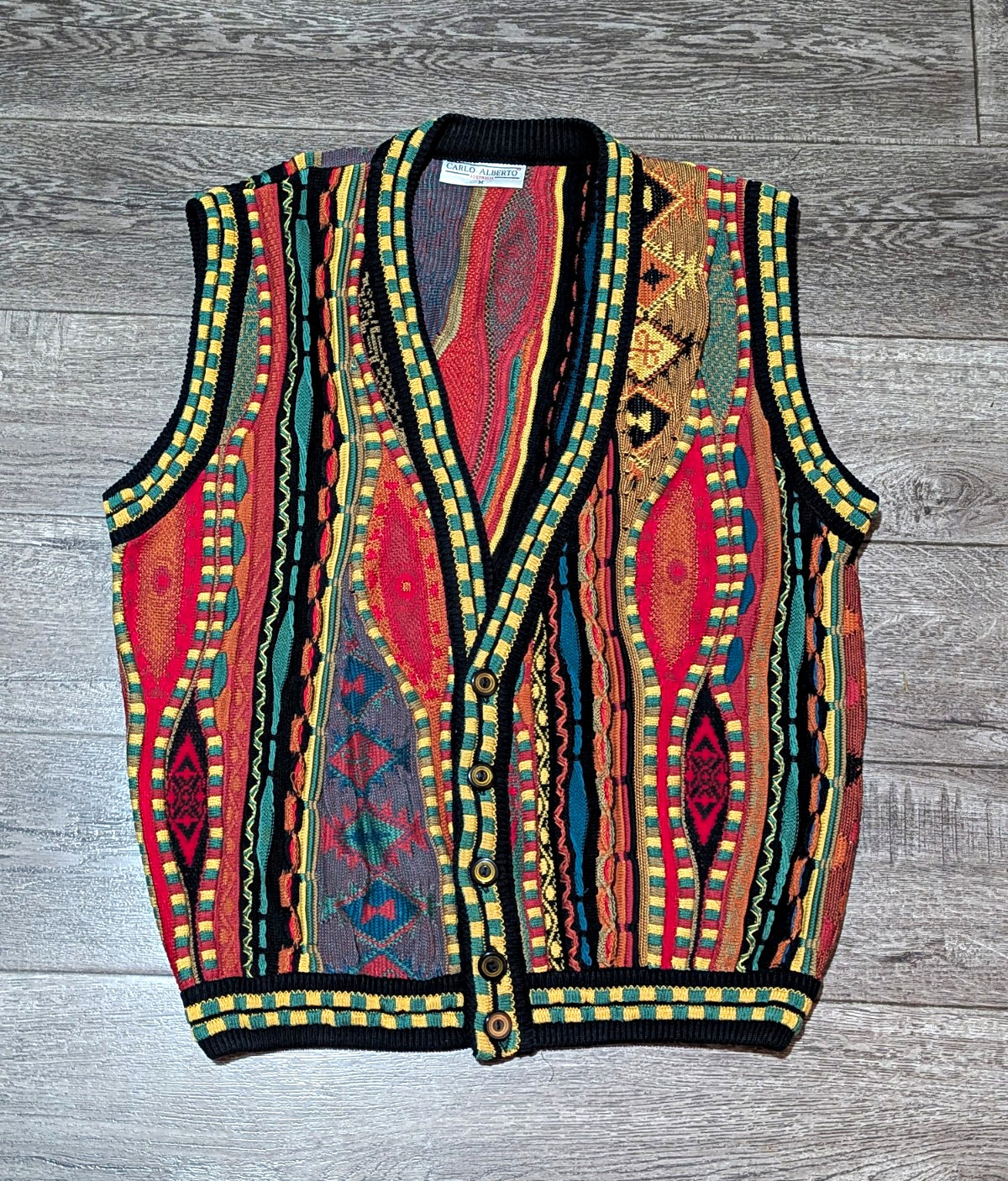 Vtg Carlo Alberto 3D Knit Sweater Vest Mens M Coogi Style Australia Cotton Multi