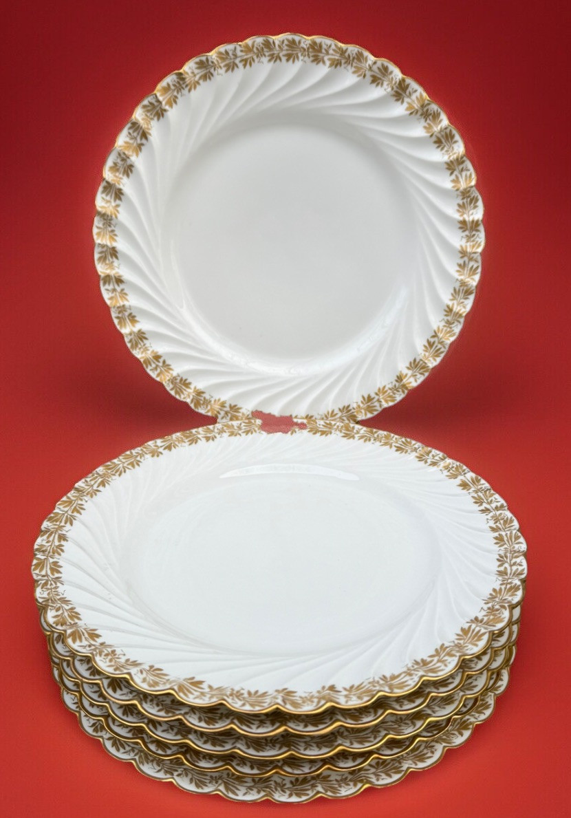 6 Haviland H&Co Limoges France Scalloped Gold Leaves Dinner Plates ca 1876-89