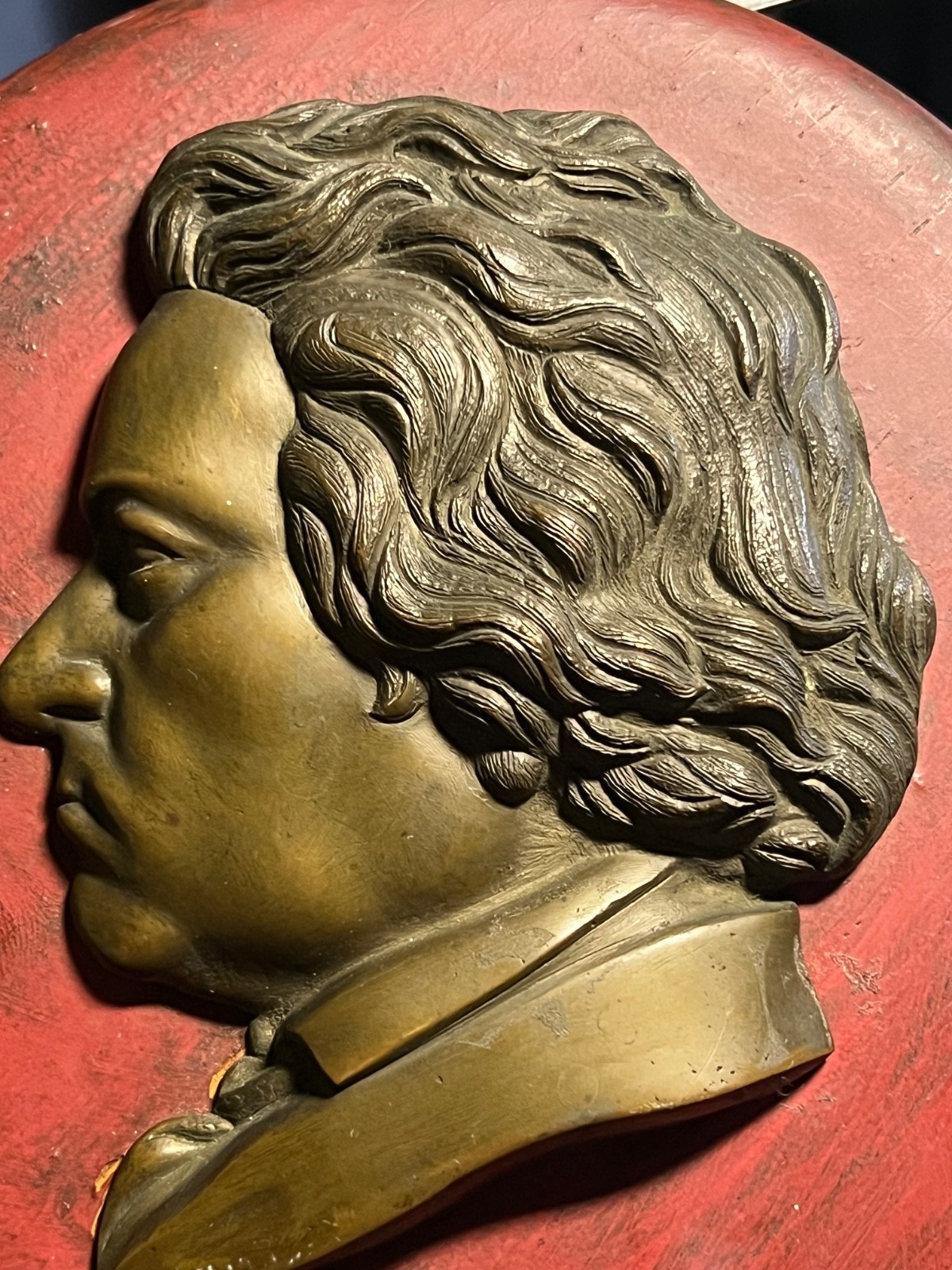 Vintage Mozart & S. Bach high relief fine Bronze cast Red plaques set Vintage Mozart & S. Bach high relief fine Bronze cast Red plaques set