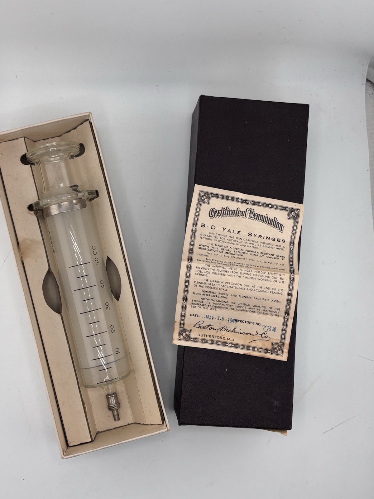 Antique Becton Dickinson B-D Yale Syringe 50cc # 50YE Box & Certificate Medical