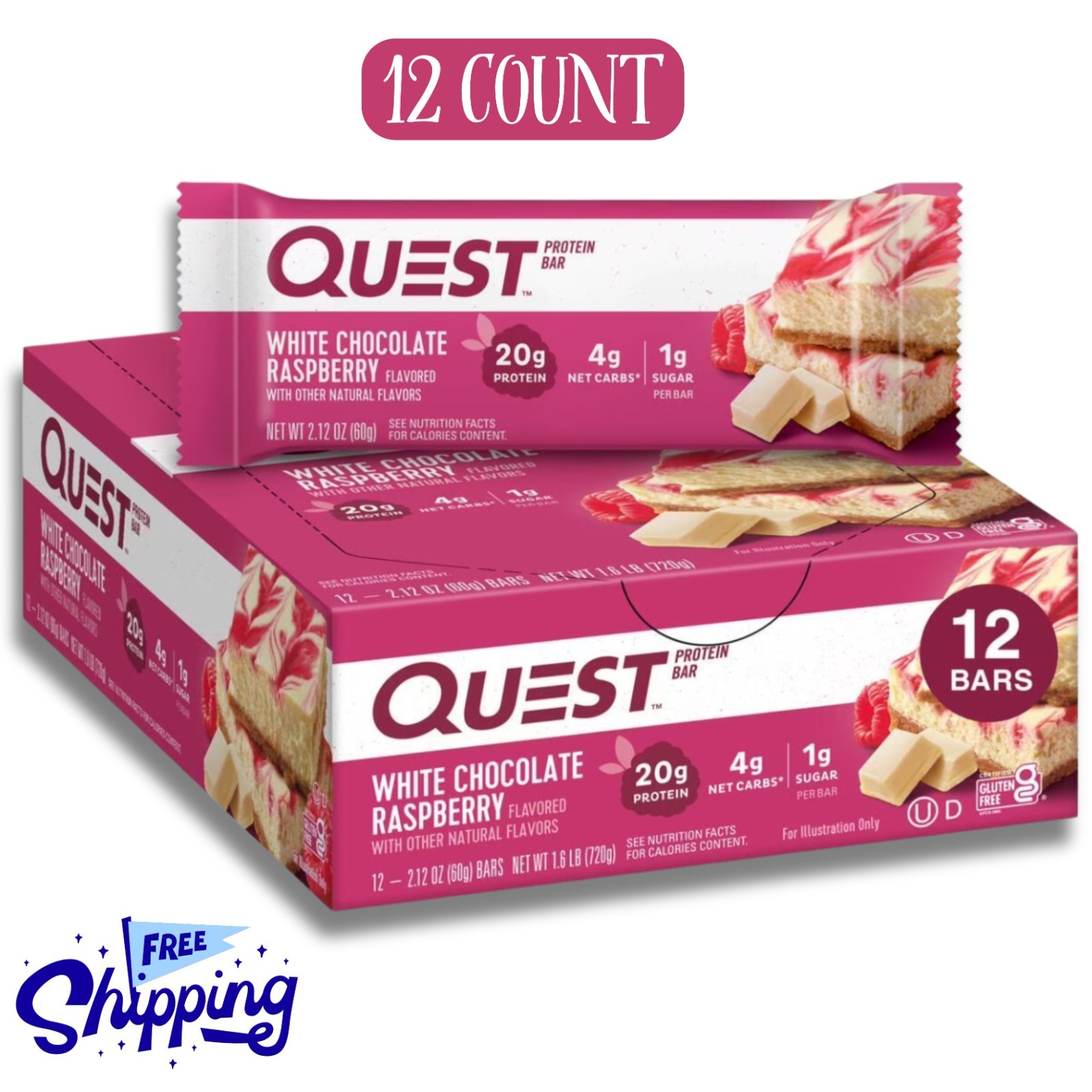 Quest Protein Bar, White Chocolate Raspberry, 20g Protein, 12 Ct 4g Net Carbs Quest Protein Bar, White Chocolate Raspberry, 20g Protein, 12 Ct 4g Net Carbs