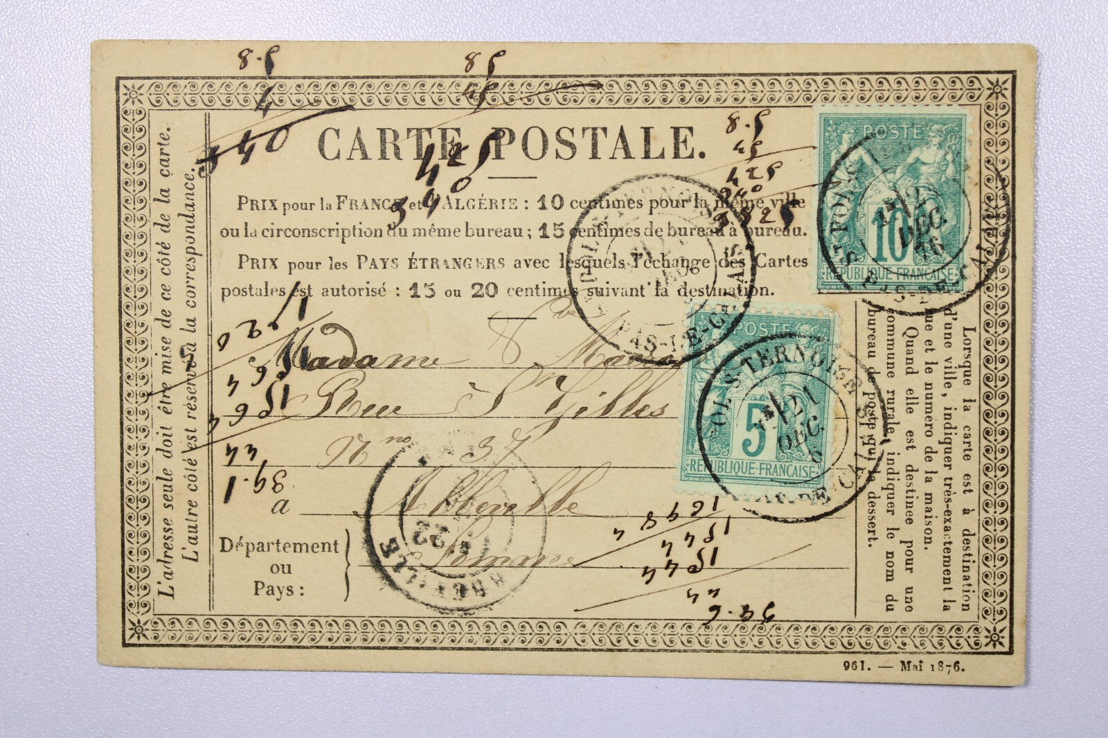 France 1876 Uprated Better Carte Postale / Better Issues - L39140 France 1876 Uprated Better Carte Postale / Better Issues - L39140