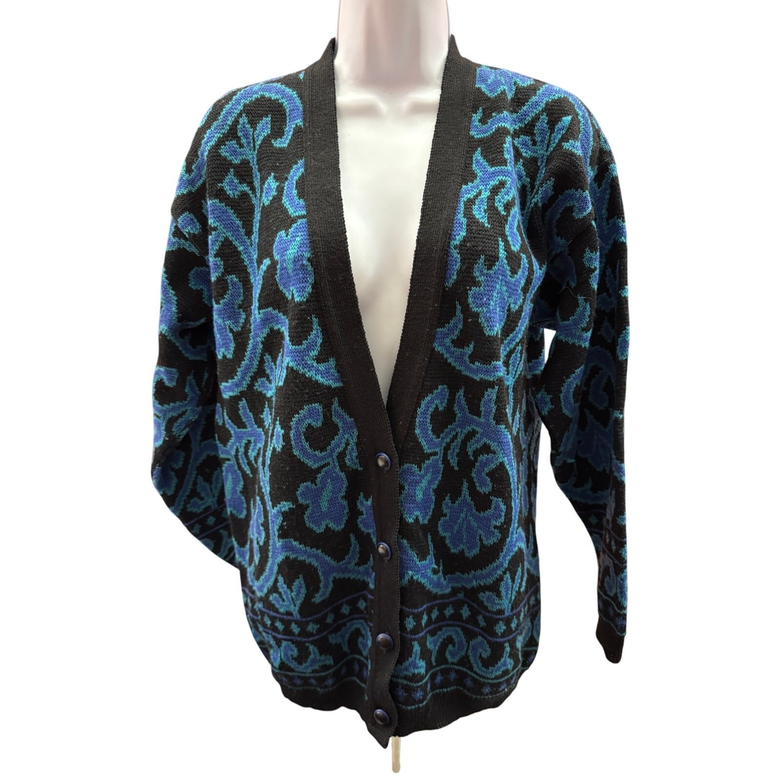 VINTAGE 70s PENDLETON Womens Black Blue Cardigan Size M 100% Virgin Wool Vneck