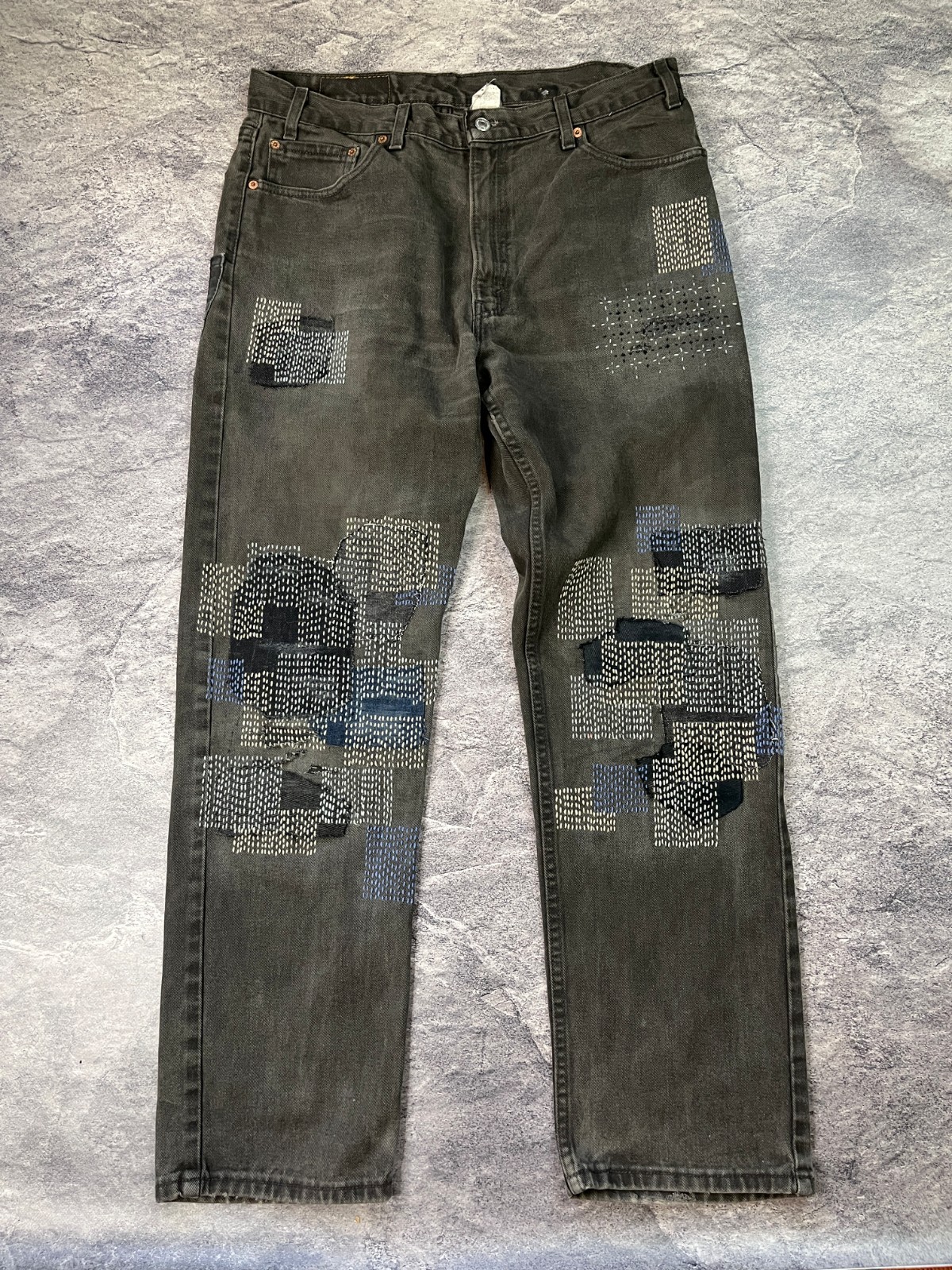 Unique Levi\'s 505 (USA) Sashiko Stitch Lines Custom Jeans 36x32 By STIA Custom