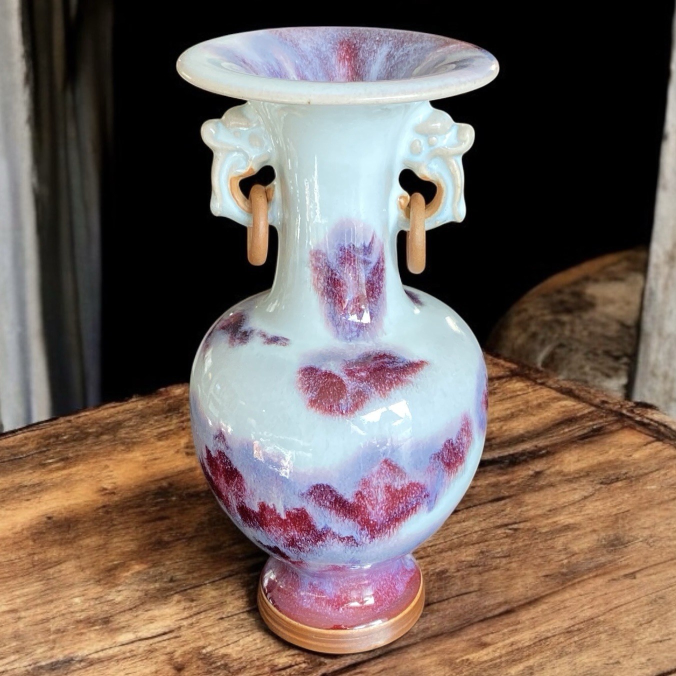 Chinese Purple Flambe Porcelain Vase Dragon Handles Kong Family Jun Kiln Signed