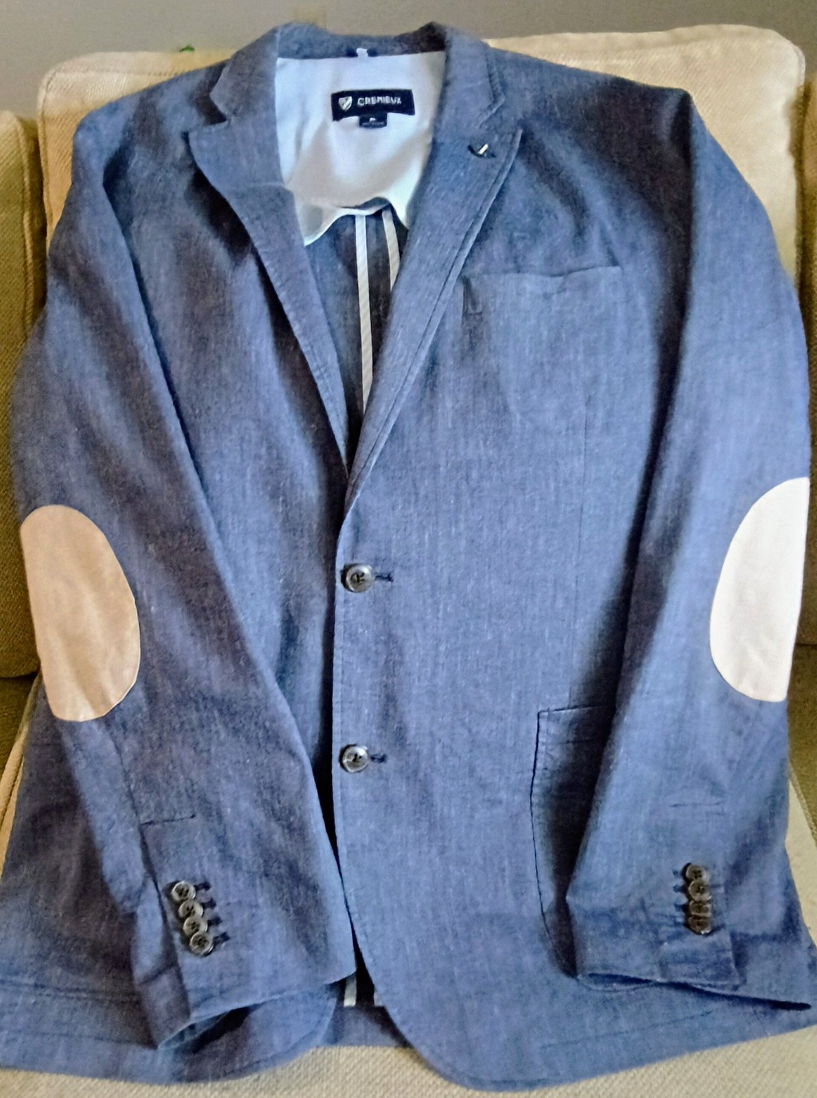 Men\'s Cremieux Blue Linen Blazer XL Elbow Patches Pockets & 38 Shield Lapel Pin Men\'s Cremieux Blue Linen Blazer XL Elbow Patches Pockets & 38 Shield Lapel Pin