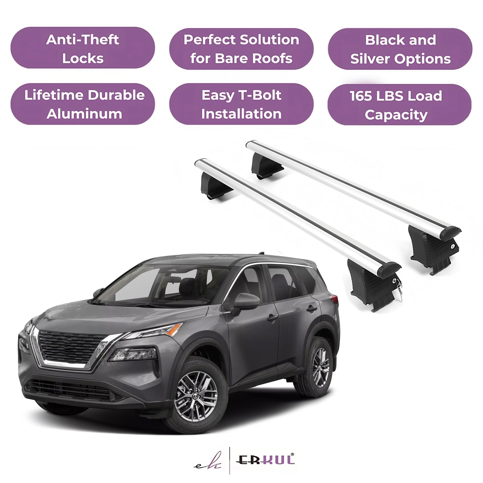 ERKUL Roof Rack Crossbars For NISSAN ROGUE 2021-2026 Naked Roof Aluminum Silver