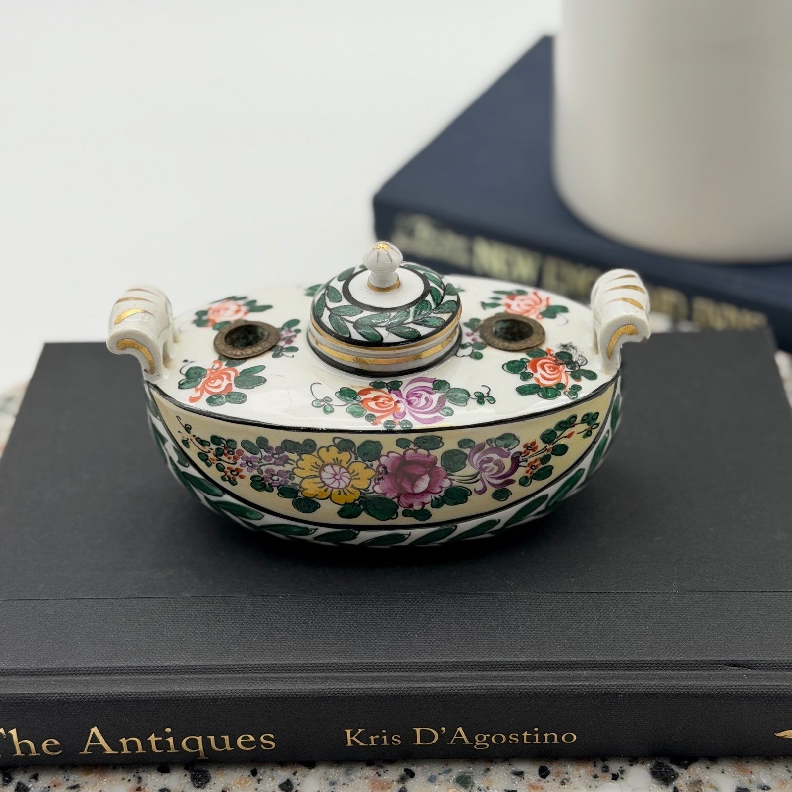 Antique French Faience Porcelain Floral Inkwell Desk Pen Holder Made in France