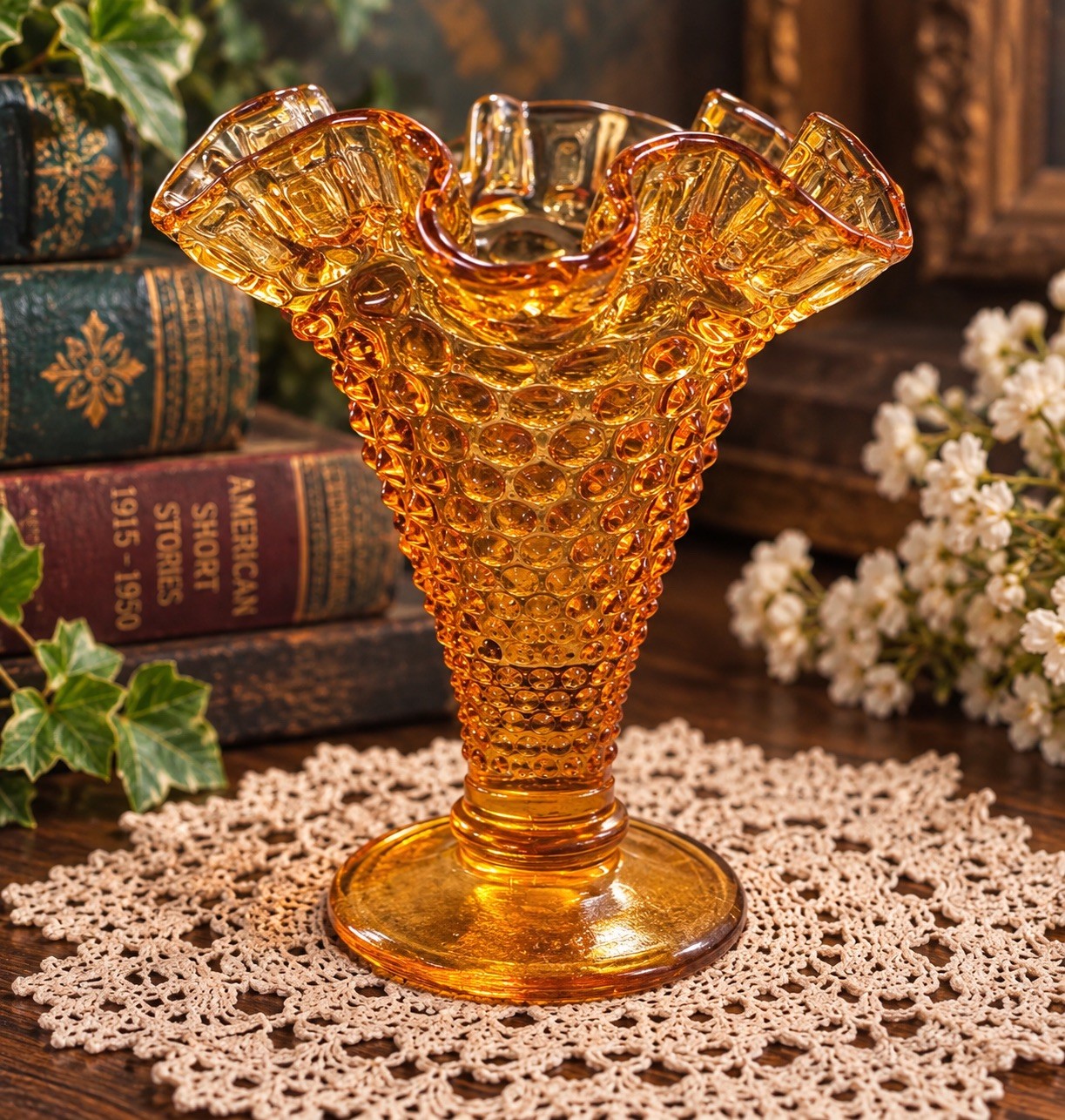 Fenton Glass Hobnail Ruffled Edge Amber Bud Vase 4