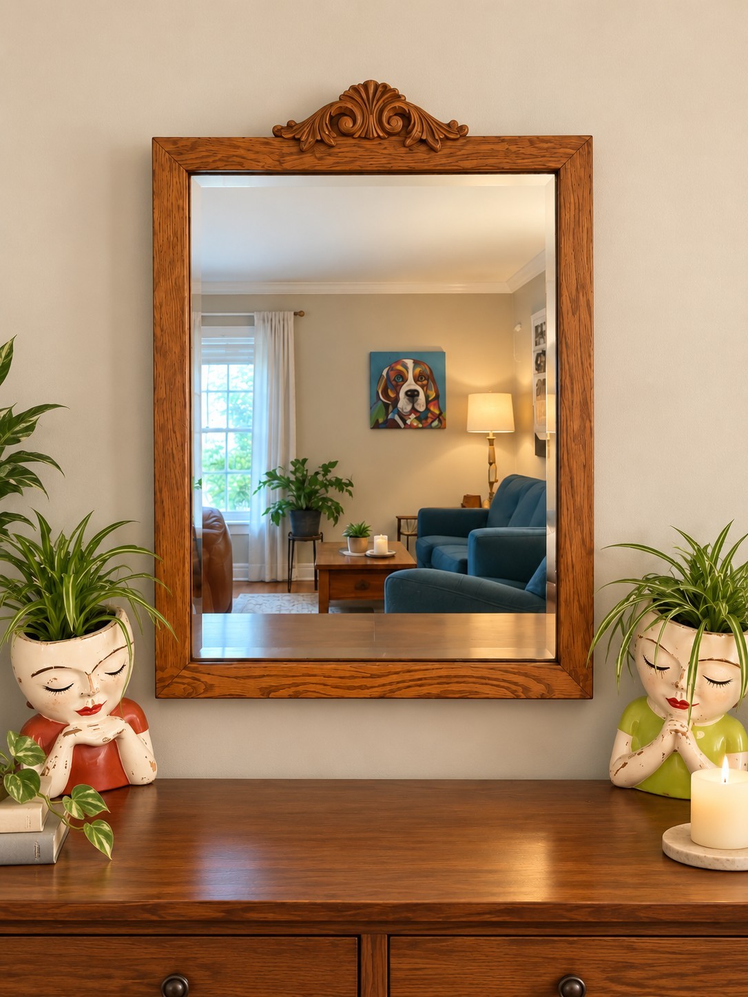 Antique Solid Oak Beveled Wall Mirror Wood Frame 24”x 18” Retro Grannycore 