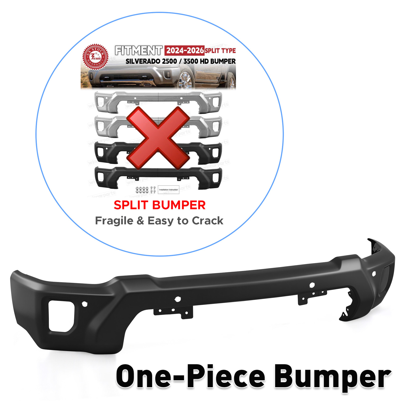 1-Piece Front Bumper For 2024 2025 2026 Chevy Silverado 2500 3500 W Sensor Holes