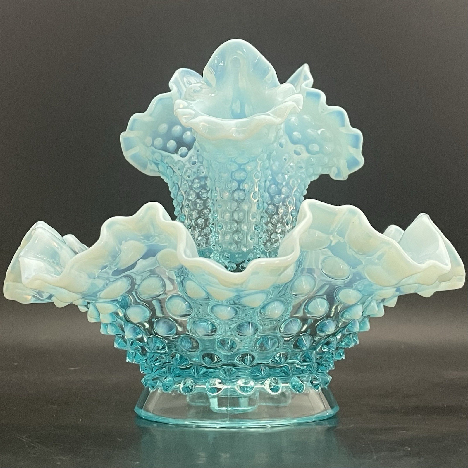 Fenton Blue Opalescent Hobnail 4pc Miniature 3 Horn Epergne Vase c1950s USA 7”t