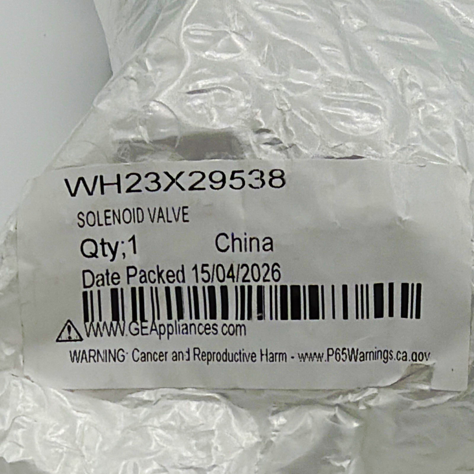 GE Washer Solenoid Valve WH23X29538 Clear Plastic, Includes Solenoid Valve, 1pc GE Washer Solenoid Valve WH23X29538 Clear Plastic, Includes Solenoid Valve, 1pc